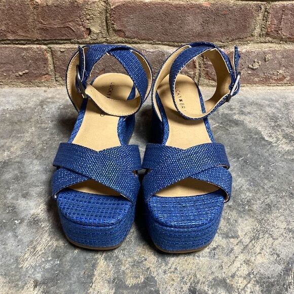 Lucky Brand Bikaro Denim Limoges Espadrille Wedge Platform Ankle Strap Sandals S - Picture 3 of 9